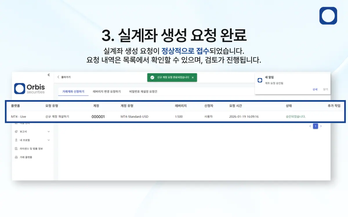 Orbis Securities 실계좌는 어떻게 개설하나요? 안내 화면 4