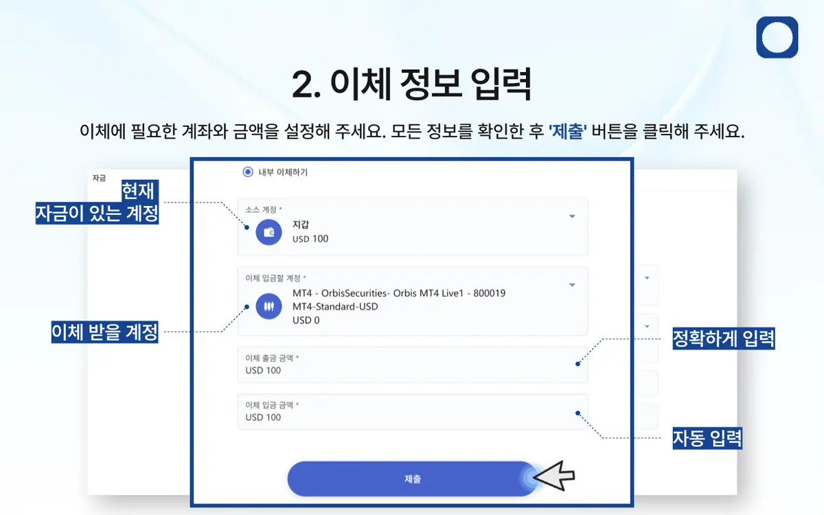 보유 중인 자금을 거래 계좌로 이체하는 방법은 무엇인가요? 안내 화면 3