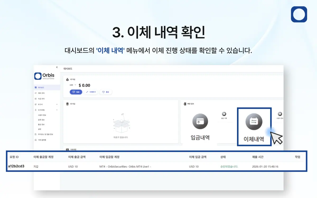 보유 중인 자금을 거래 계좌로 이체하는 방법은 무엇인가요? 안내 화면 4